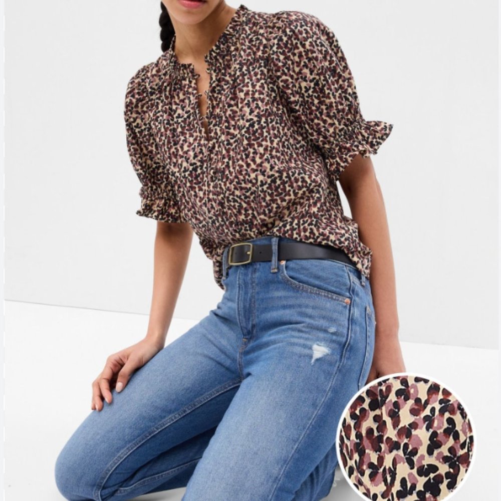 NWT Ruffled Puff Sleeve Shirt - Brown Dot Print